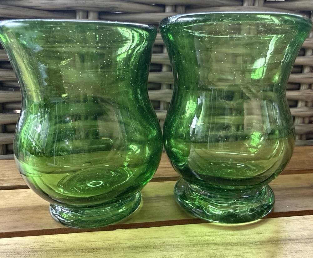 Hand blown Heavy Green Art Glass Votive Tealight Holders Set Of Two 4”x2.75”